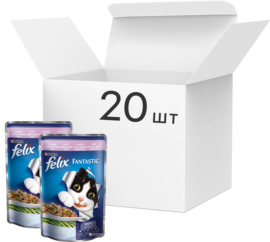 Упаковка влажного корма для кошек Purina Felix Fantastic с форелью и зелеными бобами в желе 20 шт по 100 г (7613034441911)