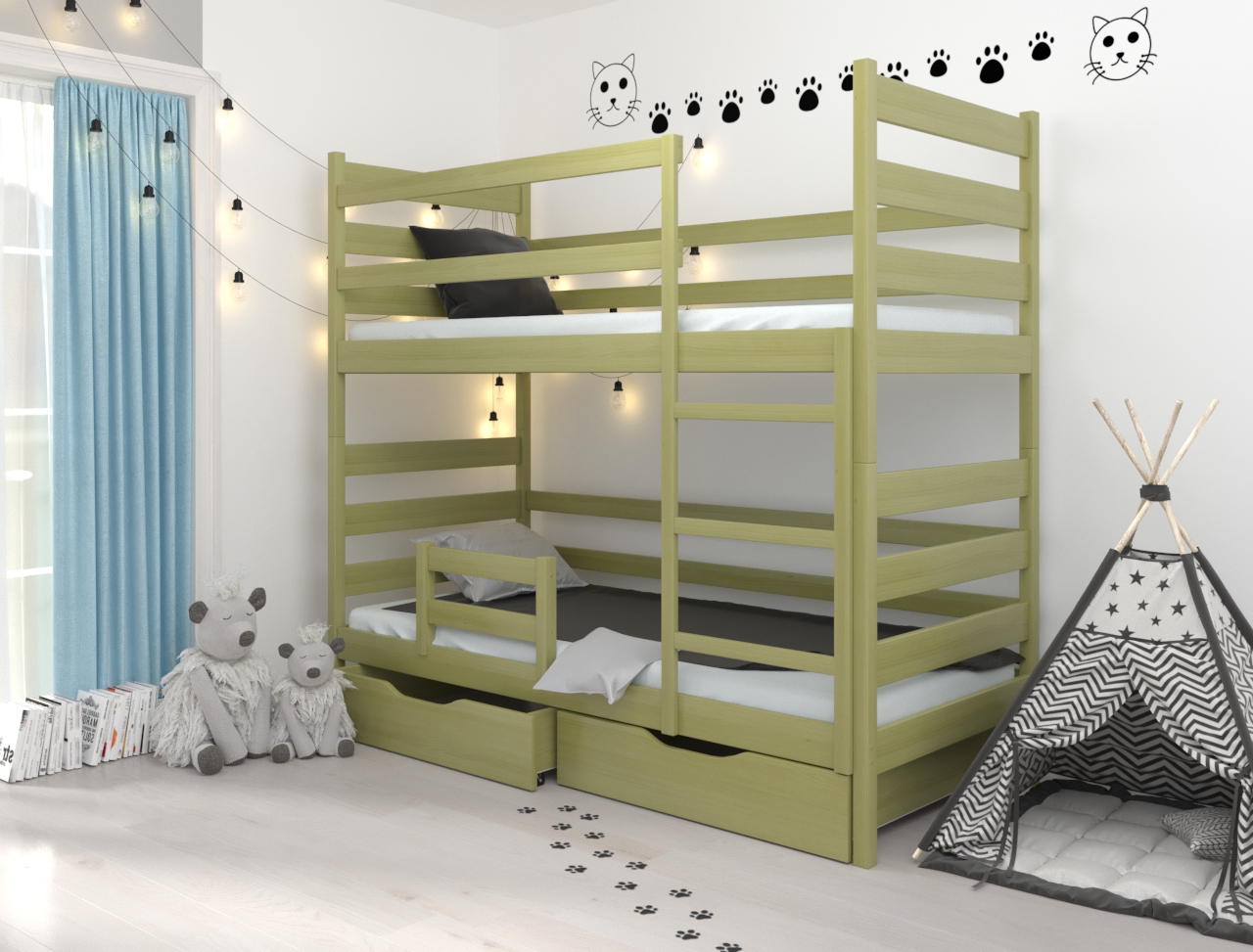 

Кровать двухъярусная из натурального дерева Амели 80х200 с бортиком и ящиками хаки Luna (без матраса)