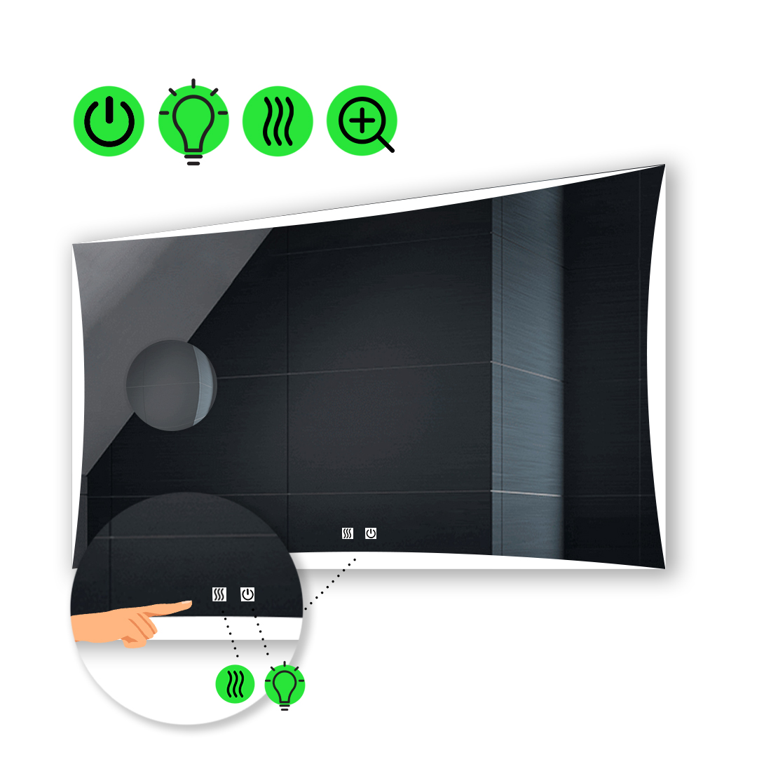 

Зеркало Amado с Led-подсветкой, двумя сенсорными выключателями, подогревом, линзой без подсветки 140x100 см