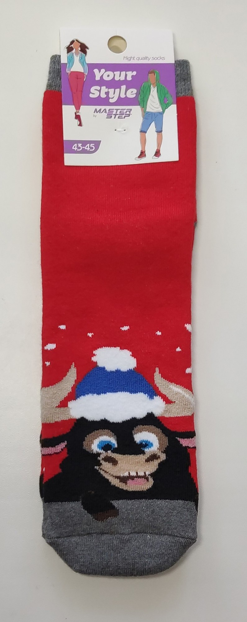 

Красные мужские короткие махровые носки с новогодним рисунком бычка Master Step 566 43-45