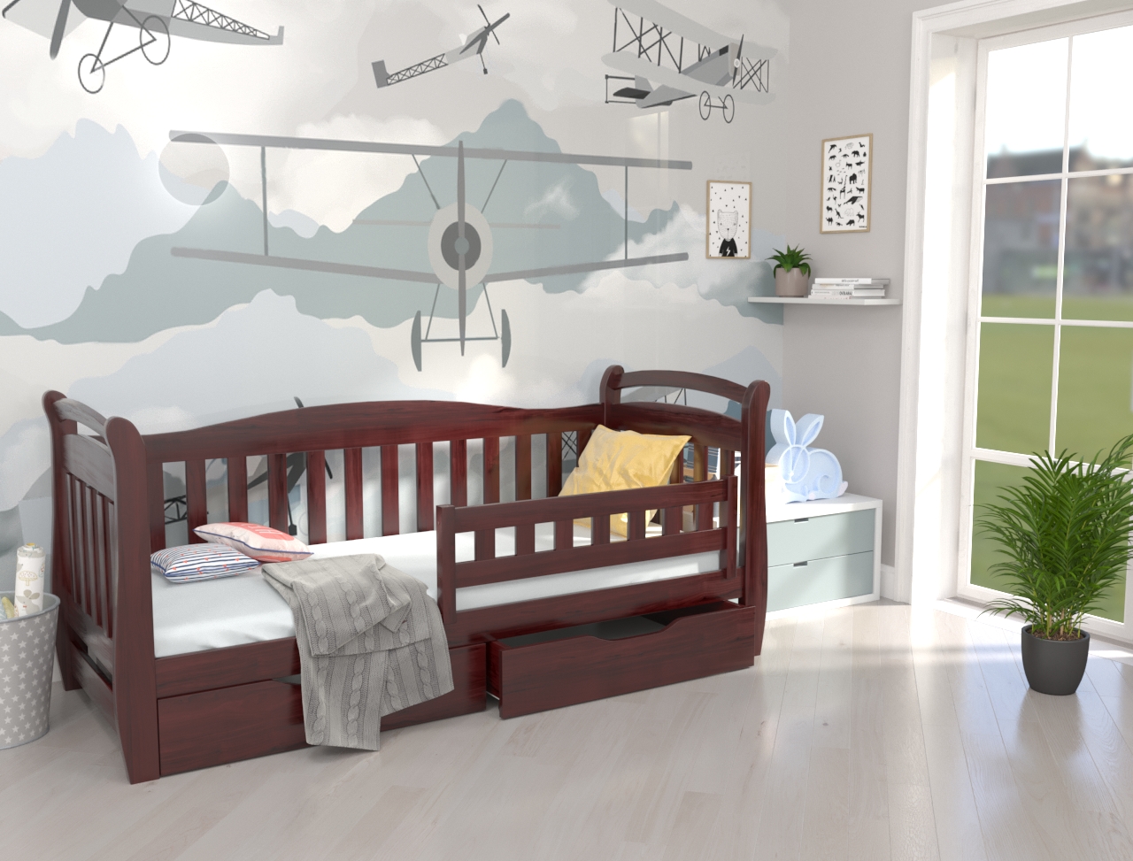 

Кровать односпальная в детскую из натурального дерева Доминик 90х200 с бортиком и ящиками палисандр Luna (без матраса)