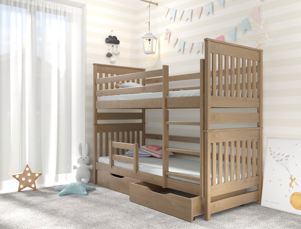 

Кровать двухъярусная из натурального дерева Адель Дуо 80х200 с бортиком и ящиками орех светлый Luna (без матраса)