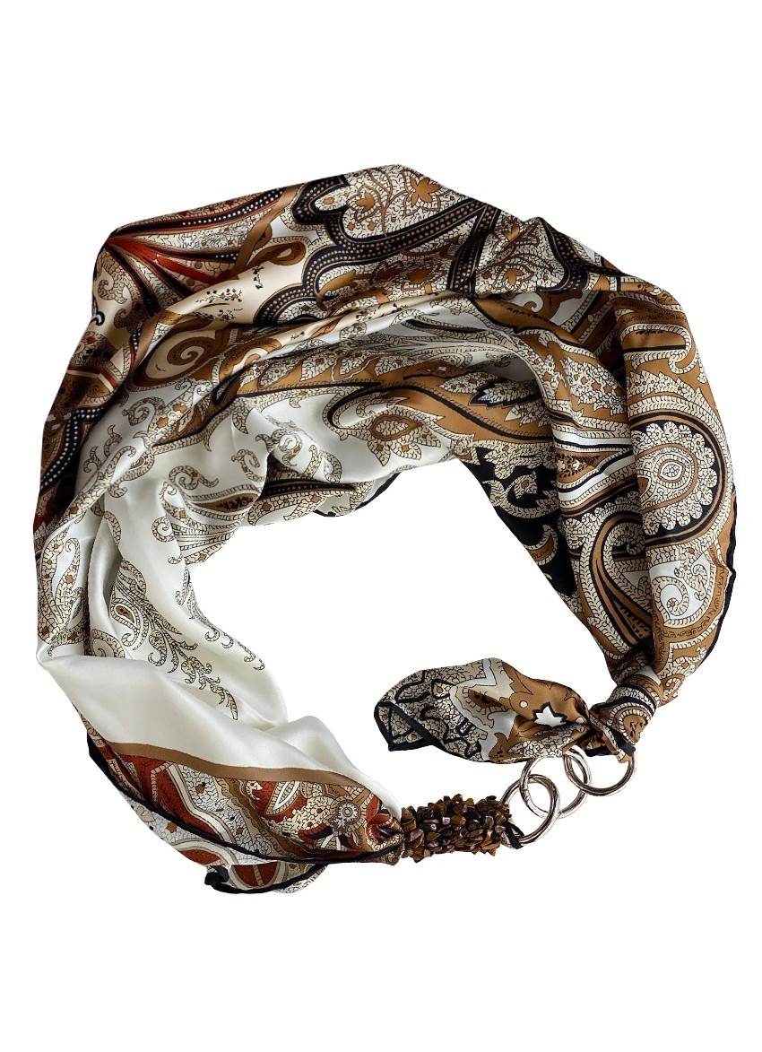 

Платок MyScarf шелковый с принтом и камнями "жемчужный песок"