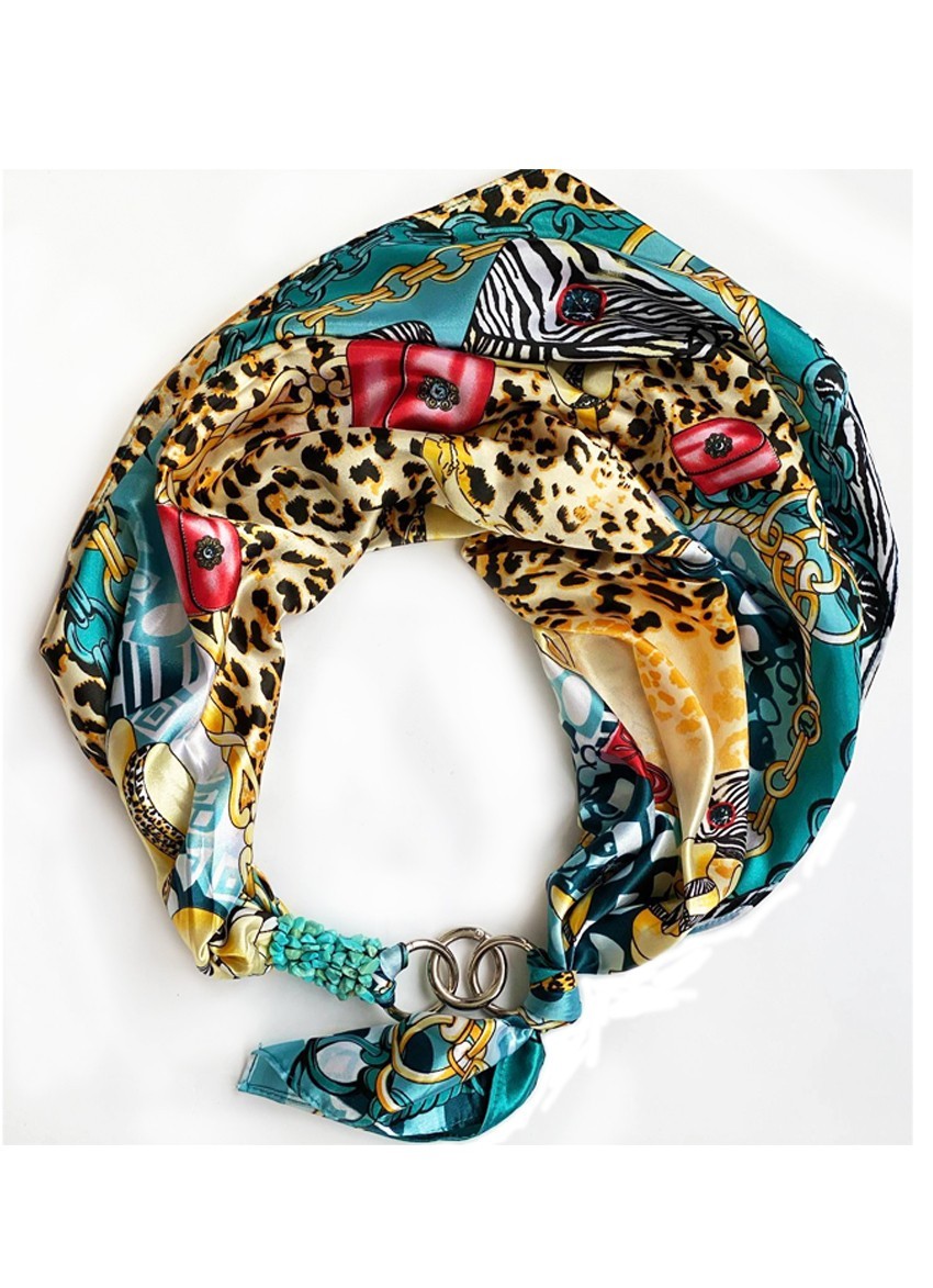 

Платок MyScarf атласный бирюзово-леопардовый с принтом и камнями бирюза