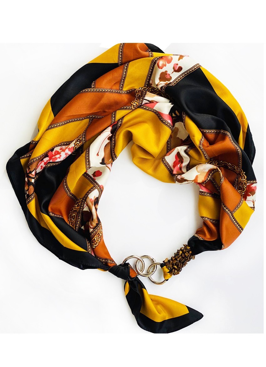 

Платок MyScarf атласный желто-черный с принтом и камнями тигровый глаз