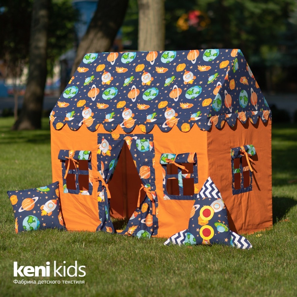 

Детский игровой Домик - Палатка KENI «Космос» 120х80х120 см Оранжевый + Подушки 2 шт + 3 Окошка и Дверь со Шторкой