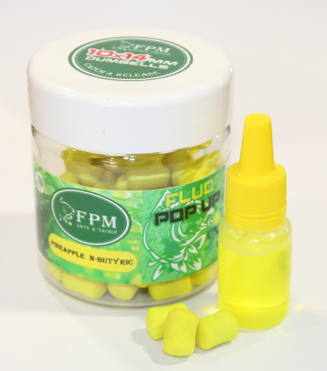 

Dumbells FPM Pop-Up Fluo Pineapple N-Butyric 8-10мм 50г в банке + Dip 10мл