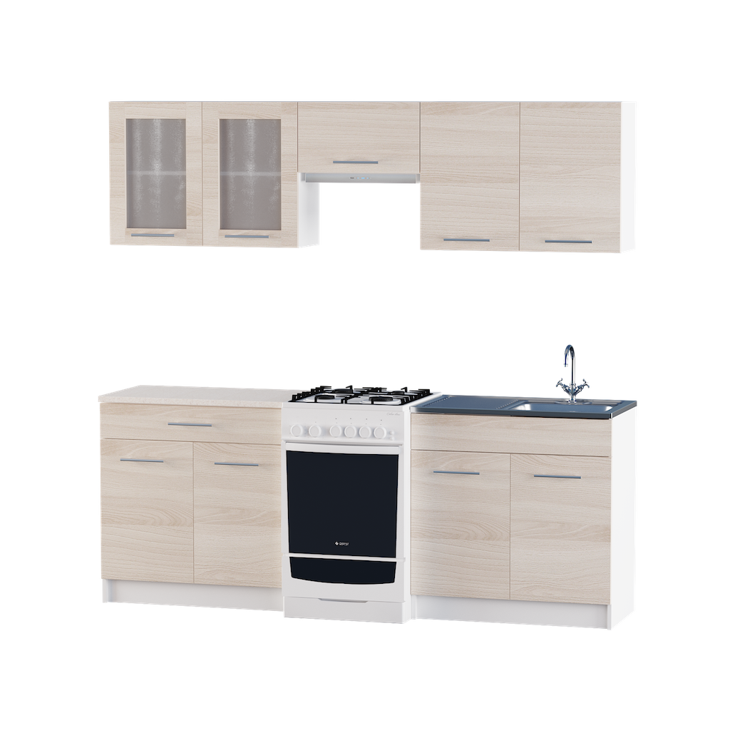 

Кухня модульная Эко Omni Home набор №18 2.1м Ясень Шимо светлый с витриной + столешница и мойка накладная с сифоном