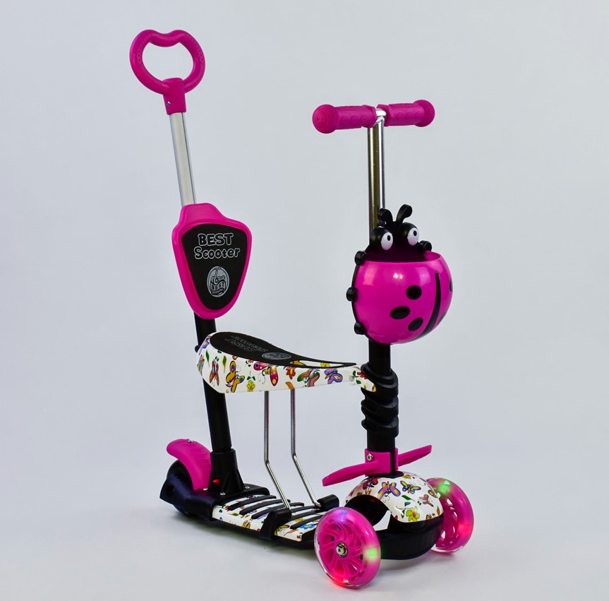 

Самокат трехколесный 5в1 с сидением Best Scooter Maxi Черно-розовый светящиеся колеса с ручкой для родителей(58420)
