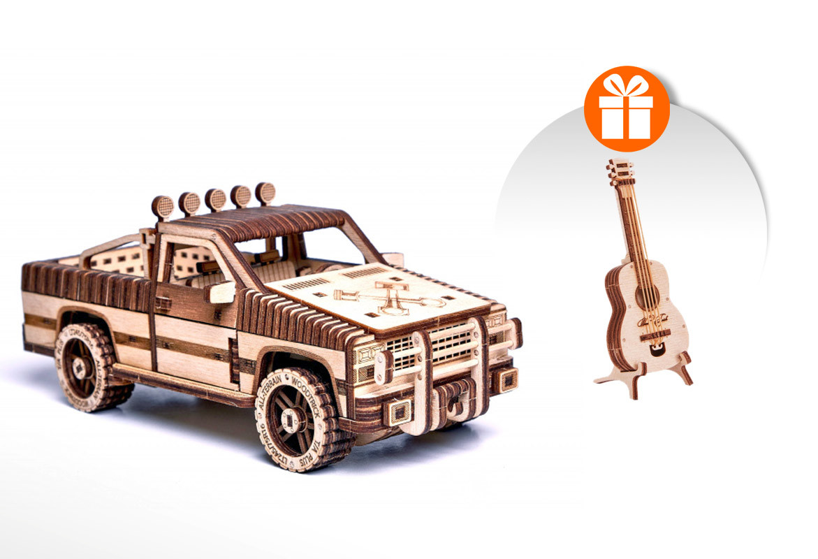 

Деревянный конструктор «Пикап WT-1500» Wood Trick + Вудик "Гитара" в подарок
