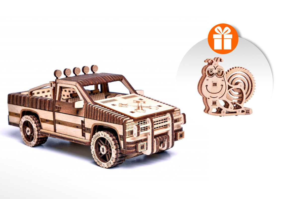 

Деревянный конструктор «Пикап WT-1500» Wood Trick + Вудик "Улитка" в подарок
