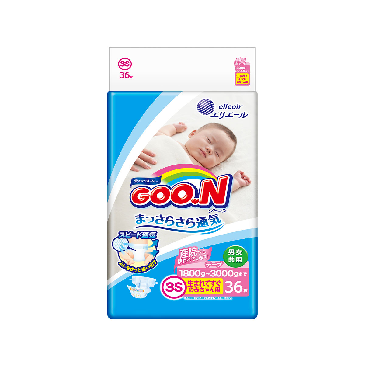 

Подгузники GOO.N для маловесных новорожденных 1,8-3,5 кг (р. SSS, на липучках, унисекс,36 шт)