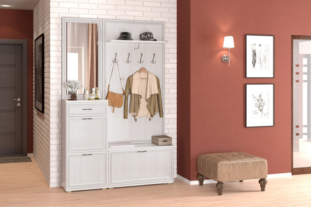 

Прихожая стенка комплект Лером Карина из МДФ 222x144x35 см Снежный ясень (ler-4005)