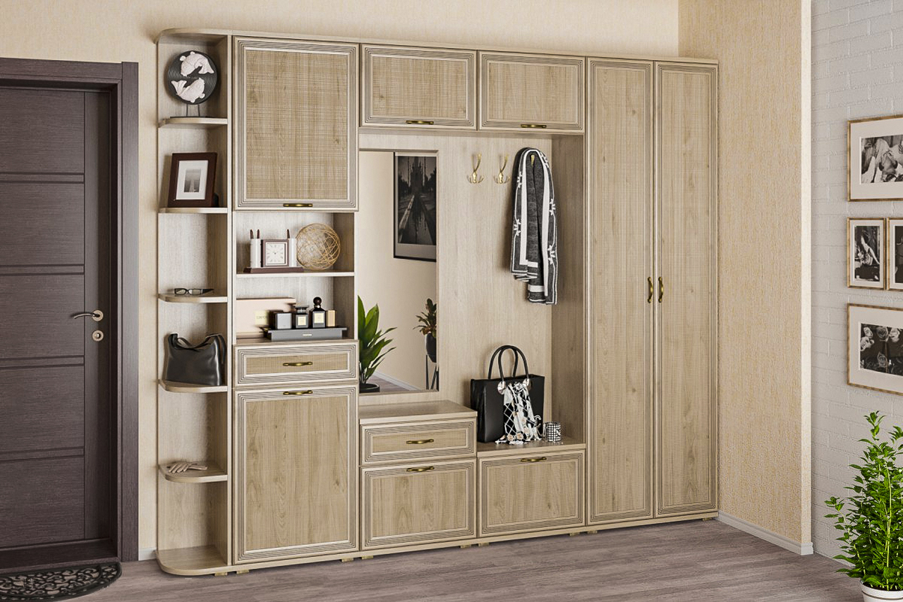 

Прихожая стенка комплект Лером Карина из МДФ 222x262x35 см Гикори Джексон светлый (ler-4019)
