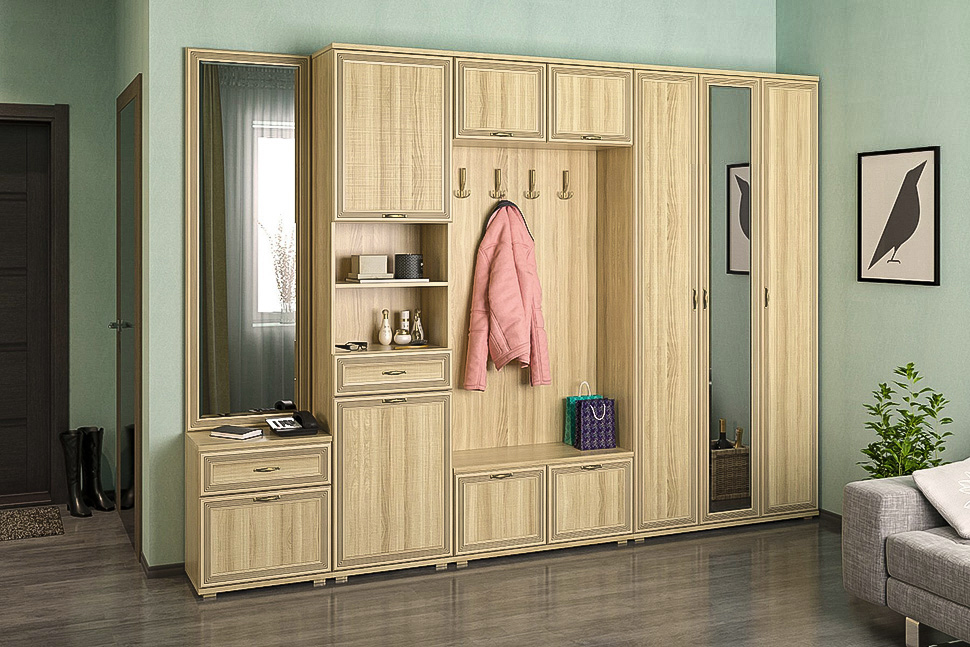 

Прихожая стенка комплект Лером Карина из МДФ 222x306x35 см Ясень Асахи (ler-4015)
