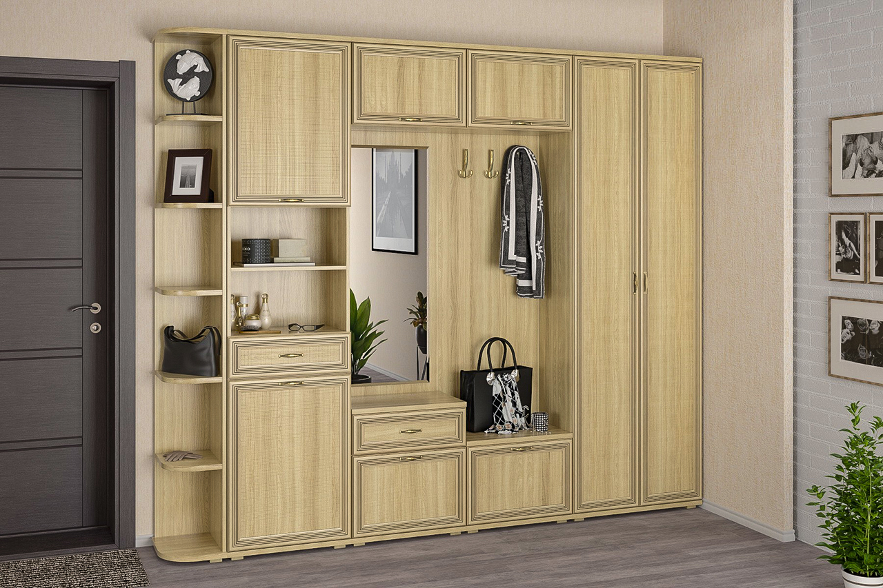 

Прихожая стенка комплект Лером Карина из МДФ 222x262x35 см Ясень Асахи (ler-4018)