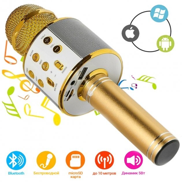 

Беспроводной караоке микрофон Wester WS-858 Ручной 2в1 Bluetooth колонка Gold