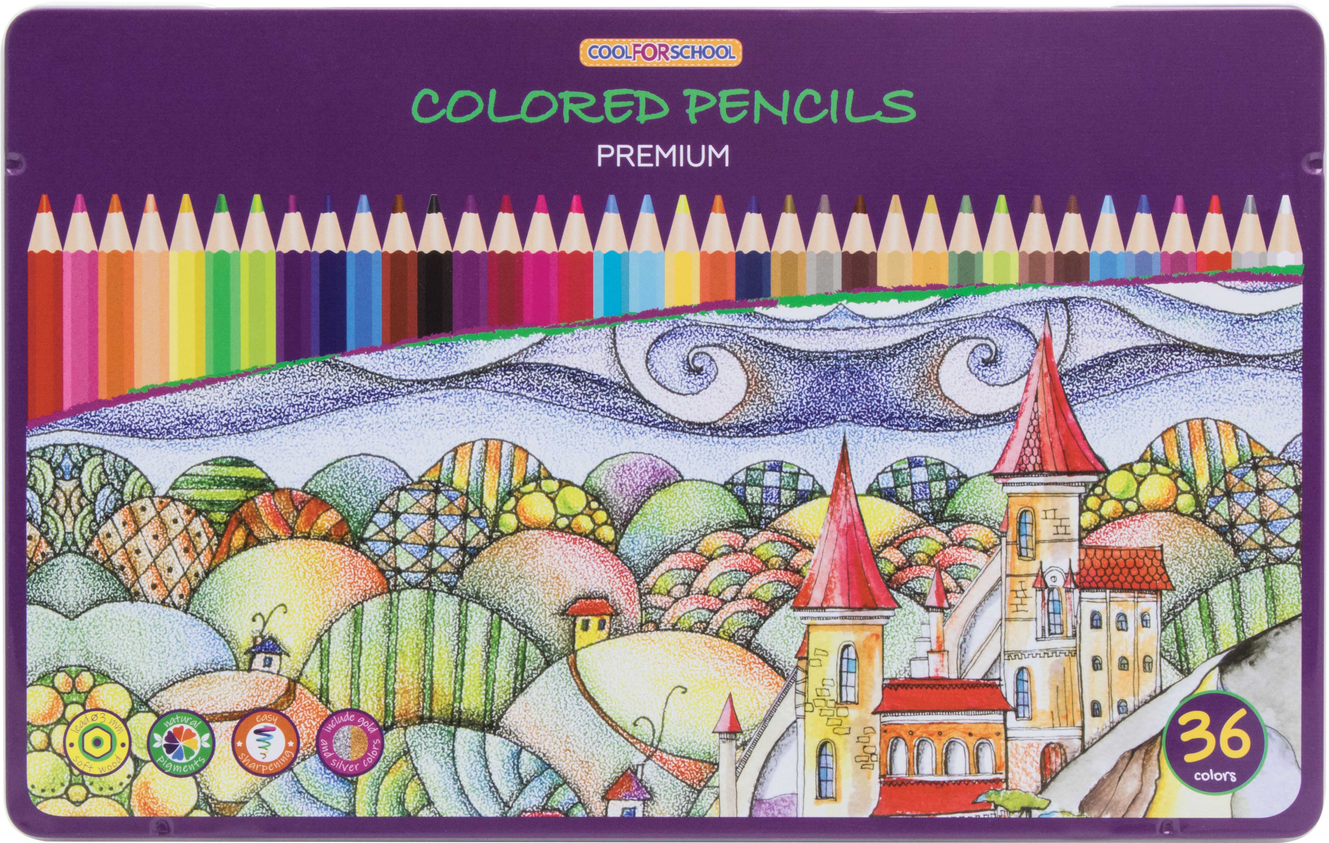 

Цветные карандаши Cool for school Premium шестигранные 36 цветов в металлической коробке (CF15175)