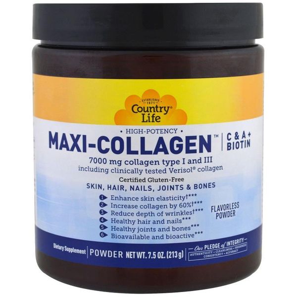 

Коллаген 1 и 3 Типов + Биотин Maxi Collagen Country Life 75 унций 210 грамм Без вкуса