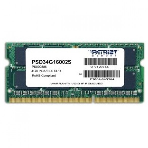 

Модуль пам'яті для ноутбука SoDIMM DDR3 4GB 1600 MHz Patriot (PSD34G16002S)