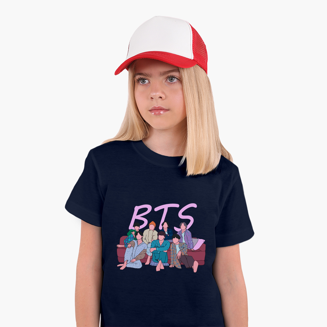 

Детская футболка для девочек БТС (BTS) (25186-3256-81) 134-140 см Хлопок Темно-синий