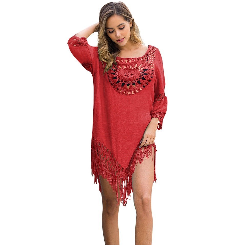 

Женская пляжная туника Varleinsar с бахромой красная Flower oversize