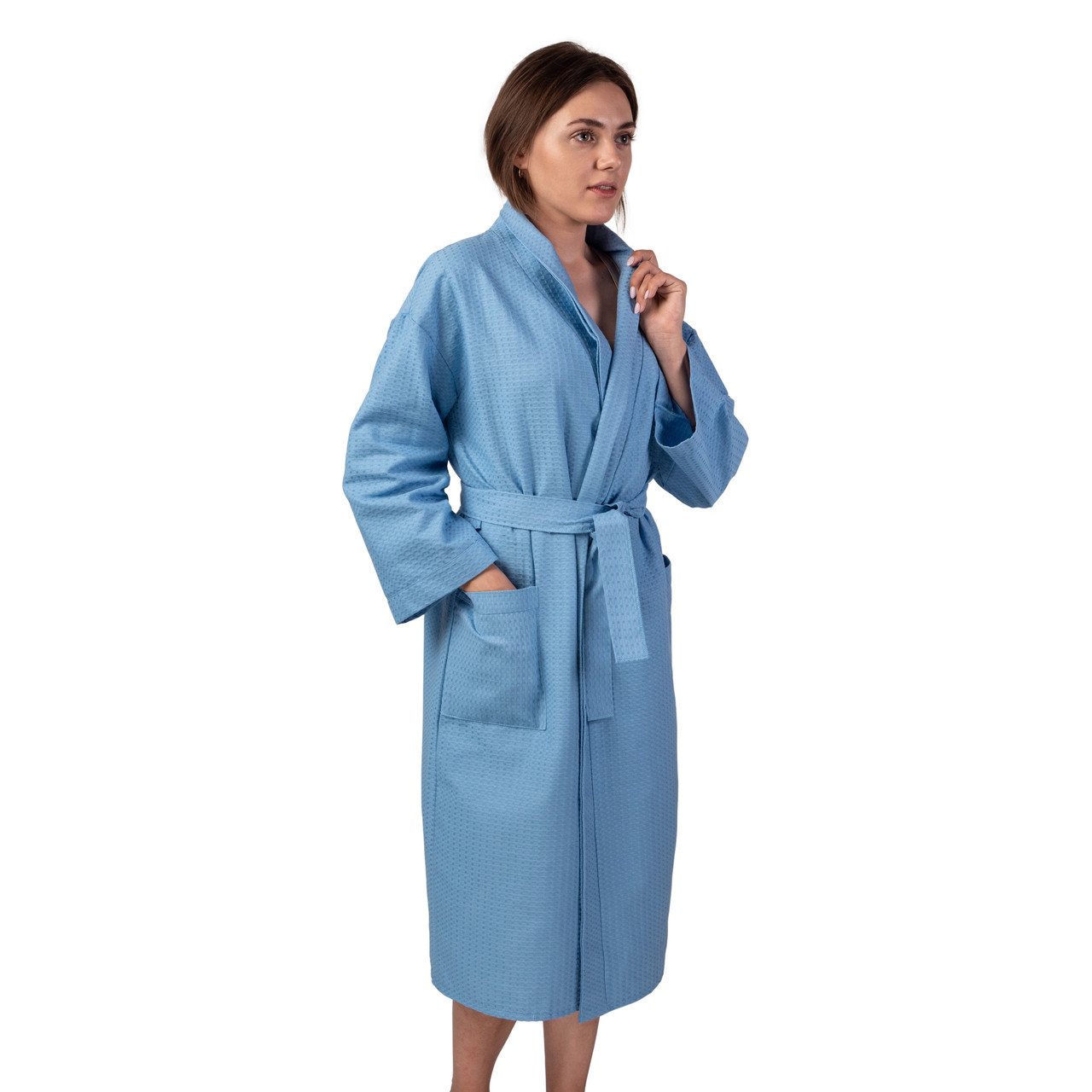 

Вафельный халат Luxyart Кимоно размер 54-56 XL 100% хлопок синий LS-0423