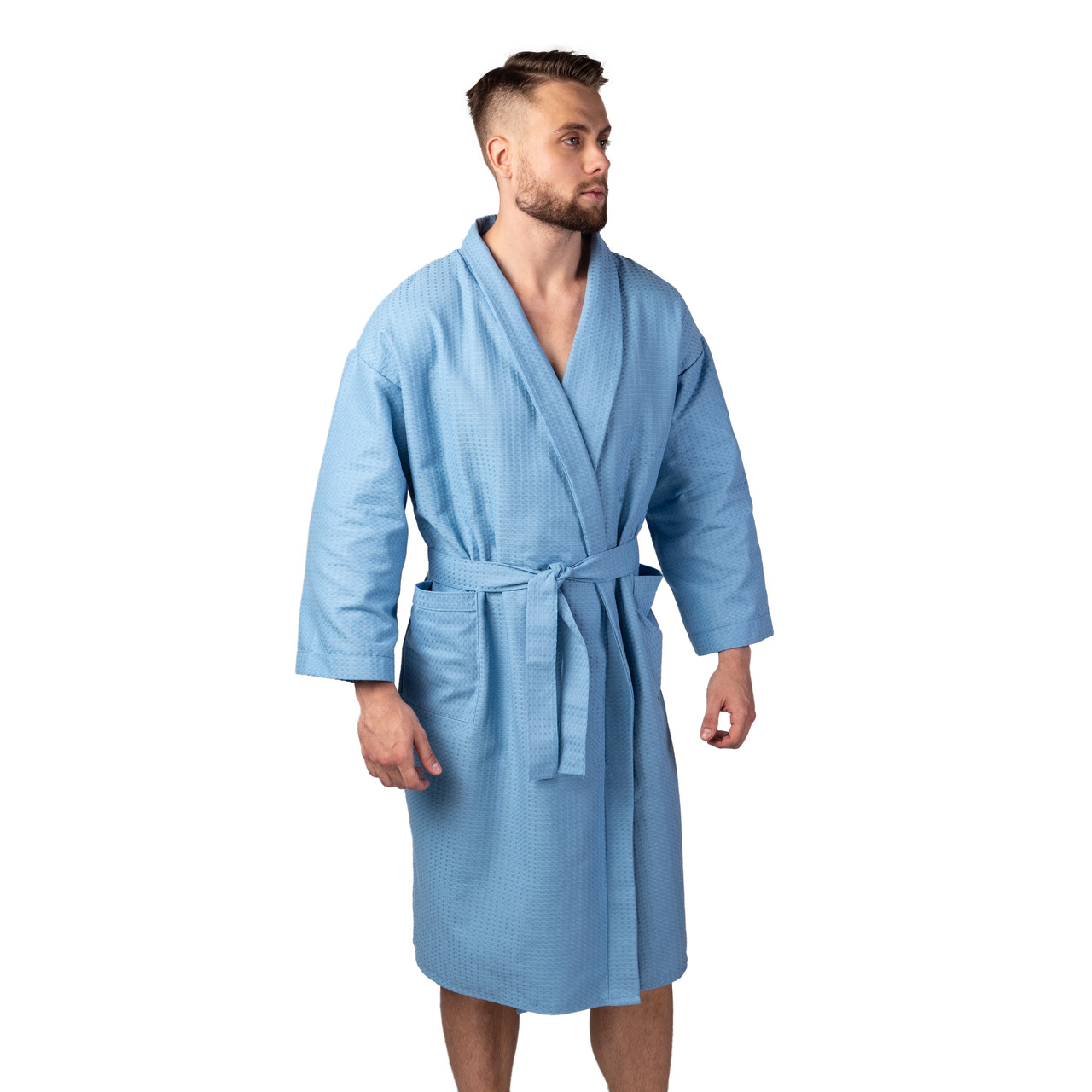 

Вафельный халат Luxyart Кимоно размер 54-56 XL 100% хлопок синий LS-0417