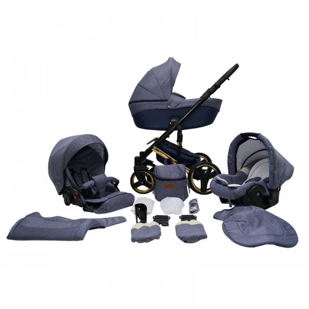 

Коляска универсальная 2 в 1 Mikrus Comodo Zlota Темно-синий/Синий с дождевиком и матрасом + москитная сетка, чехлы и рюкзак-сумка для мамы