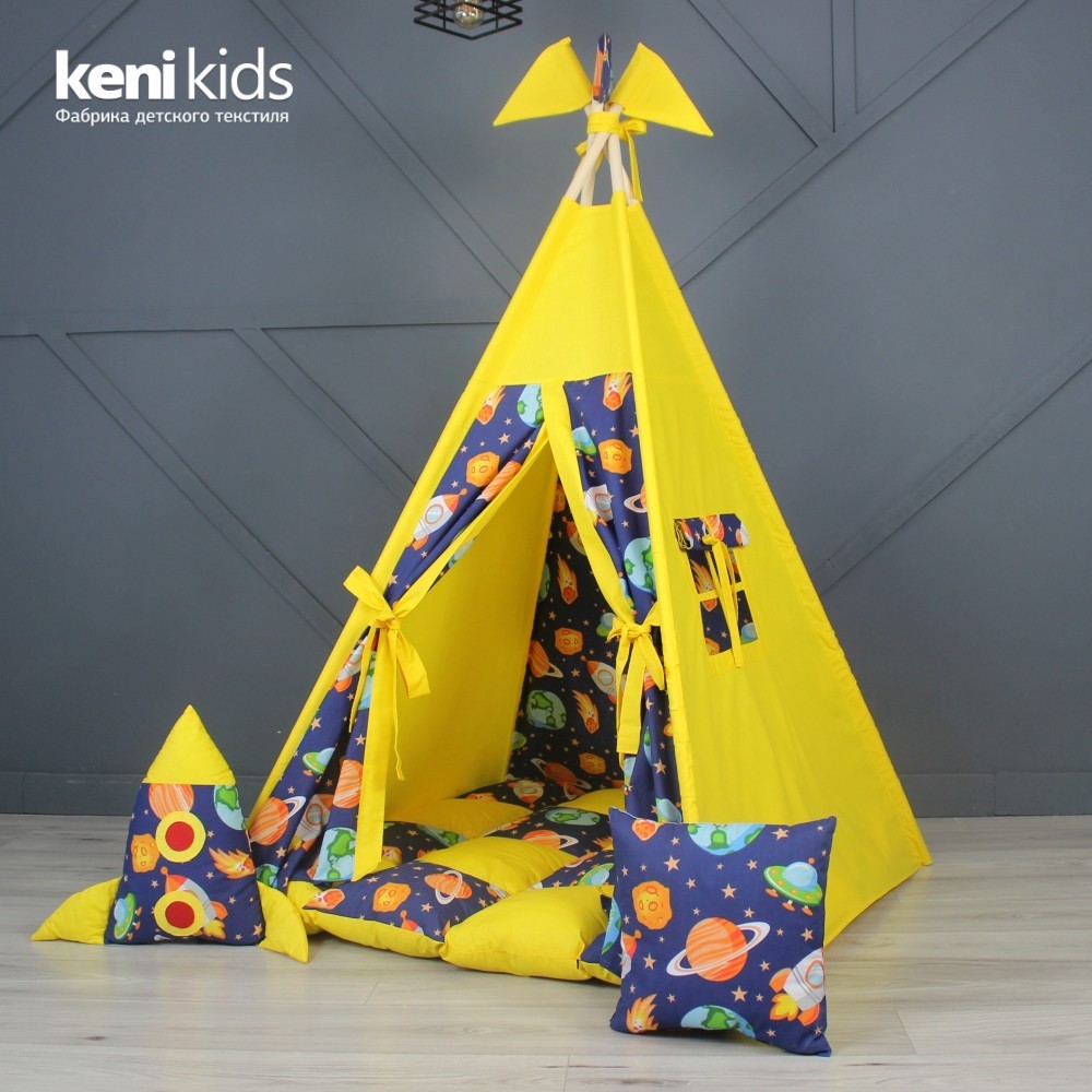 

Палатка Вигвам VIGVAM ELIT «Космос» 110х110х180 см Желто-Синяя + Матрас 15 см и Подушки 2 шт