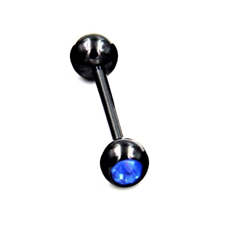 

Штанга для пирсинга языка Shine из медицинской стали, черный металл с синим камнем.