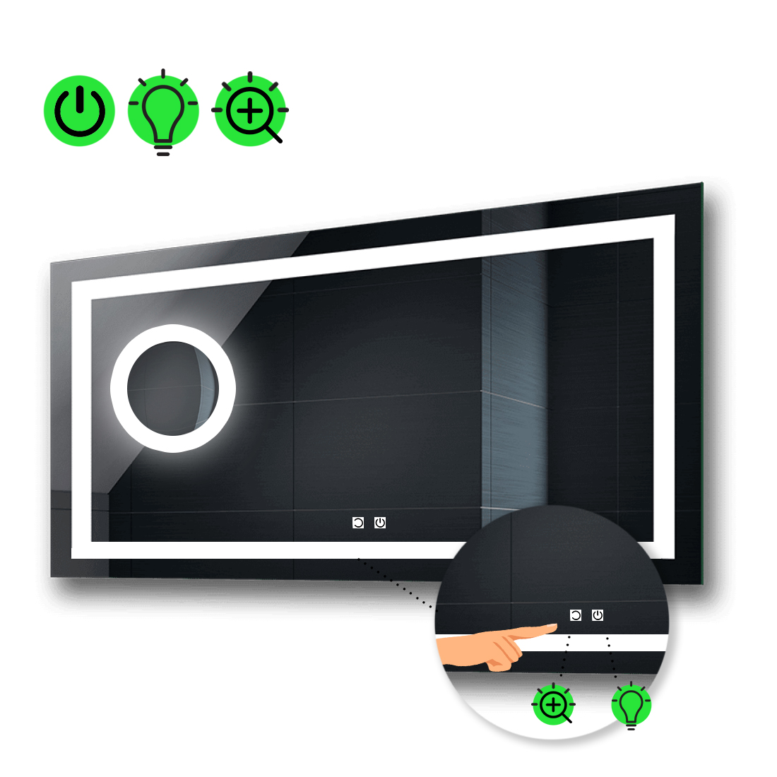 

LED-зеркало 100x90см, с двумя сенсорами и линзой с подсветкой, модель Karnet