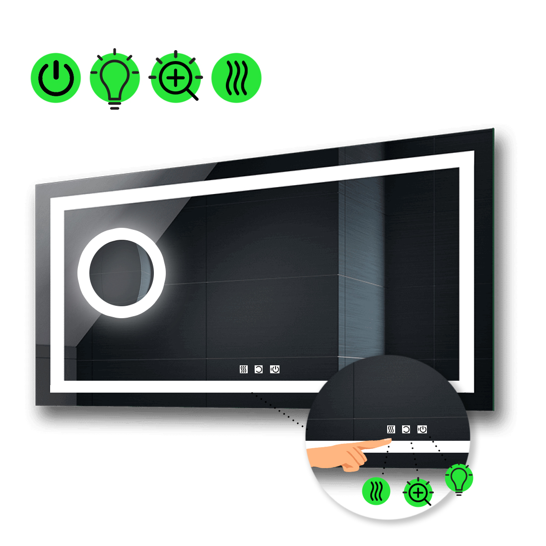 

LED-зеркало 90x80см, с тремя сенсорами, подогревом и линзой с подсветкой, модель Karnet