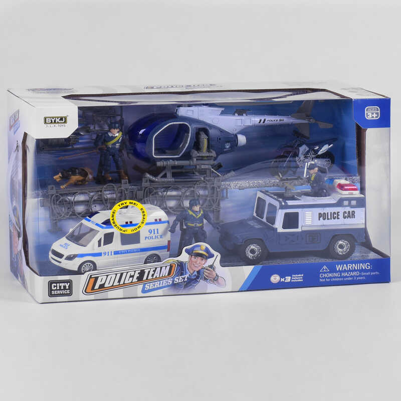 

Игровой набор Полиции A-Toys, 10 элементов, 3 полицейских, собака, автобус на батарейке со светом и звуком, вертолет, мотоцикл, джип, аксессуары, в коробке, 8837 В (8)
