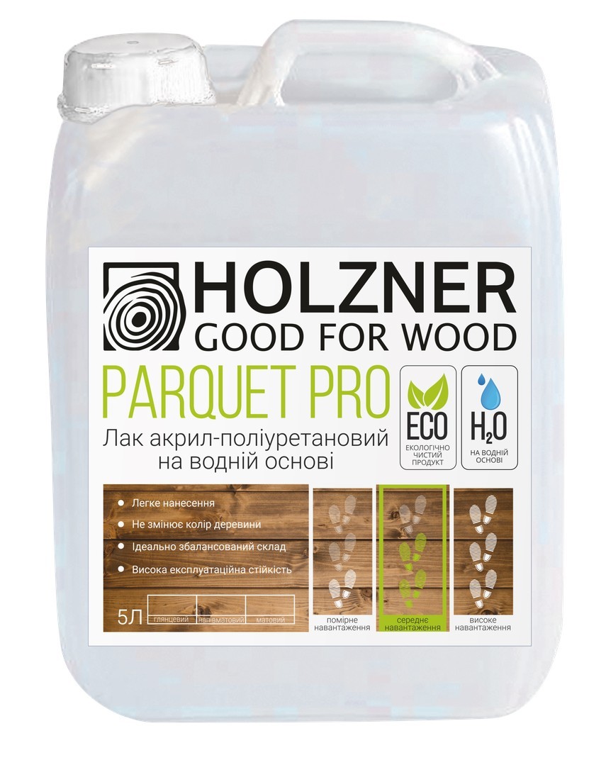 

Лак акрил-полиуретановый на водной основе Holzner Parquet Pro Глянцевый 5 л