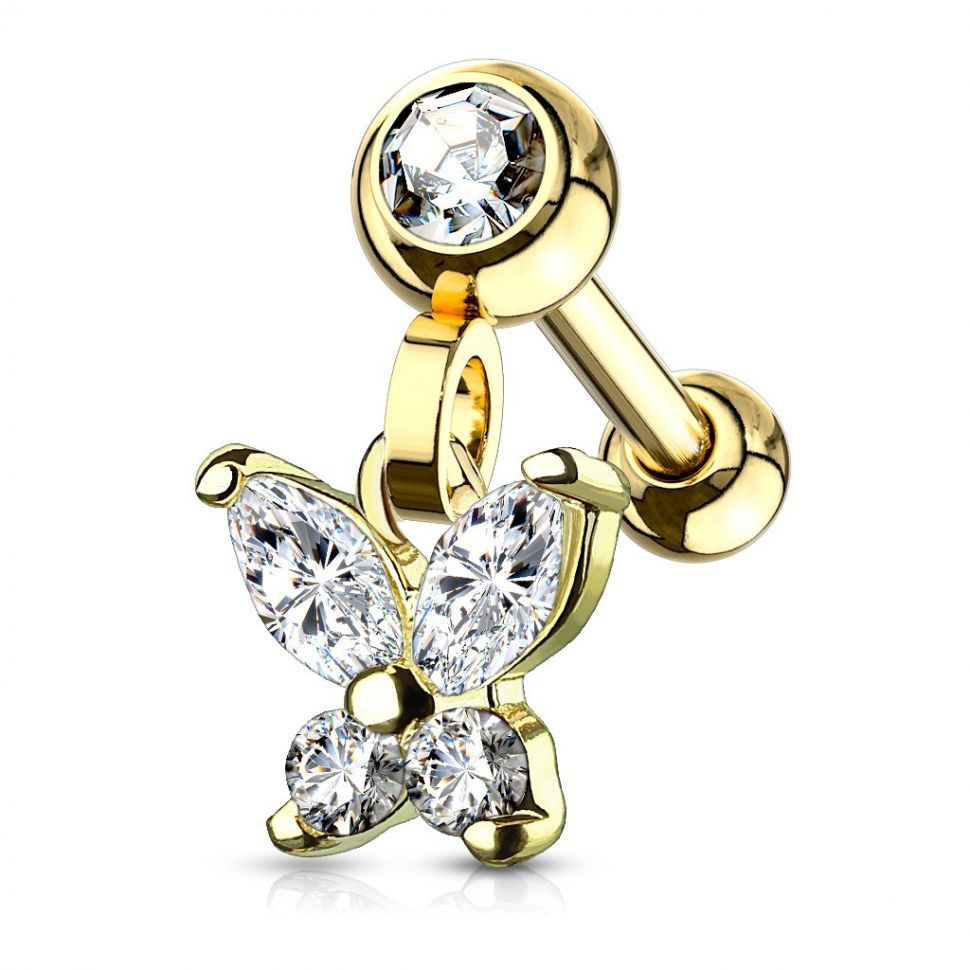 

Серьга микроштанга из стали для пирсинга в хрящ уха, хеликс, трагус PiercedFish JA18850 с бабочкой и фианитами (Желтое золото)
