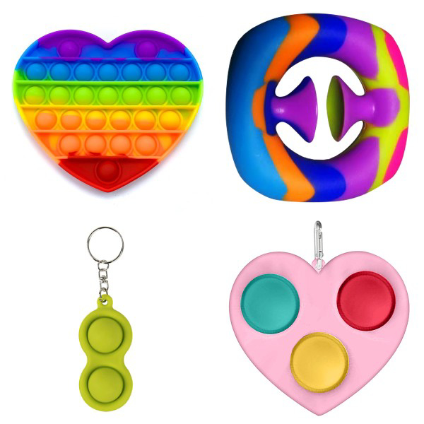 

Набор Антистресс Игрушек: Pop it Сердце Радужное + Snappers №12 камуфляж + Simple Dimple Сердце 3 пупырки с карабином Розовое + Pop it Брелок 2 пупырки Салатовый