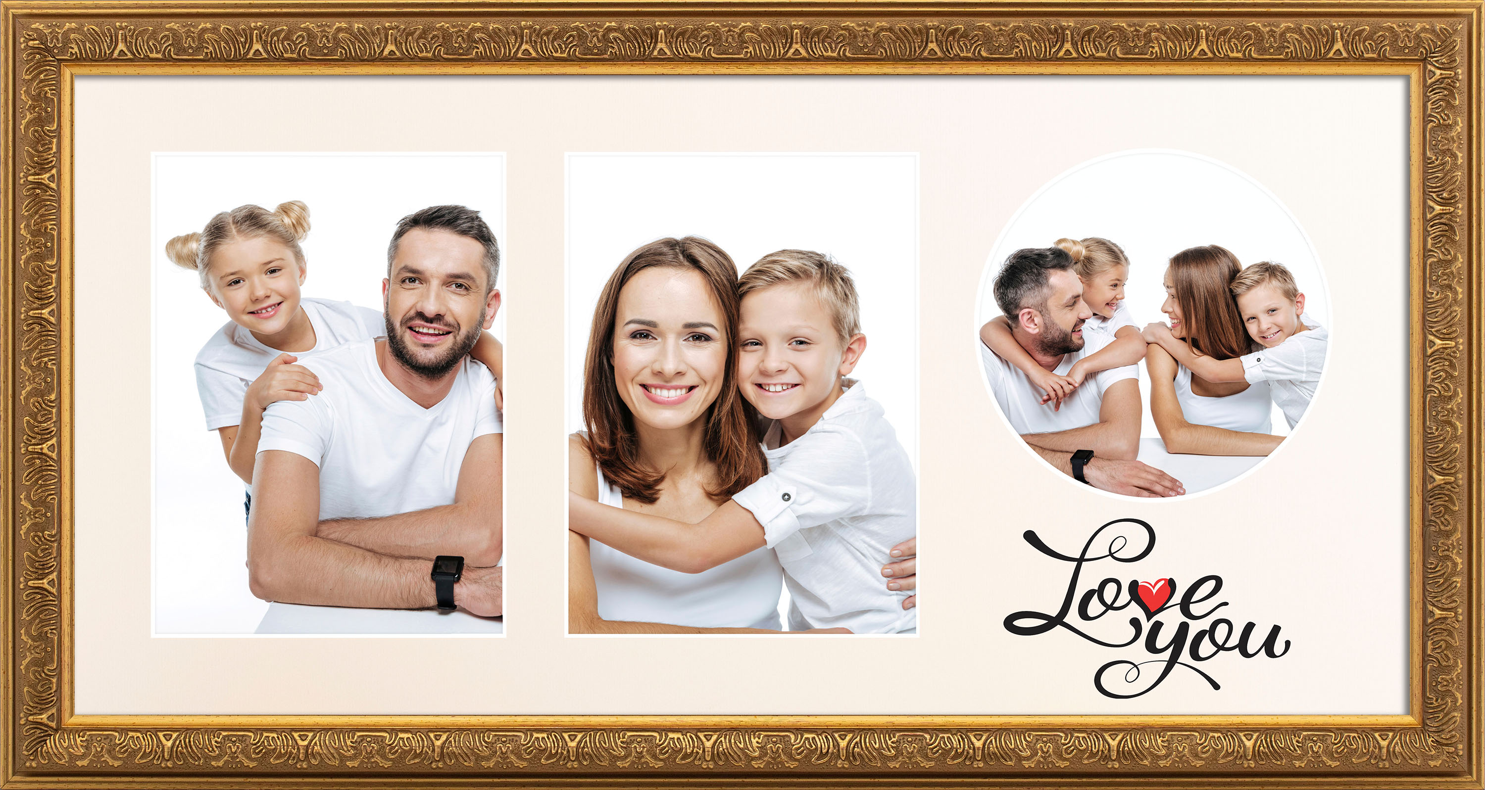 

Фоторамка коллаж с паспарту LOVE YOU для 2 фото 13х18 и 1 фото 13х13 багет: 599-G232 (антибликовое стекло 2мм, двп, паспарту) EmojiFrame