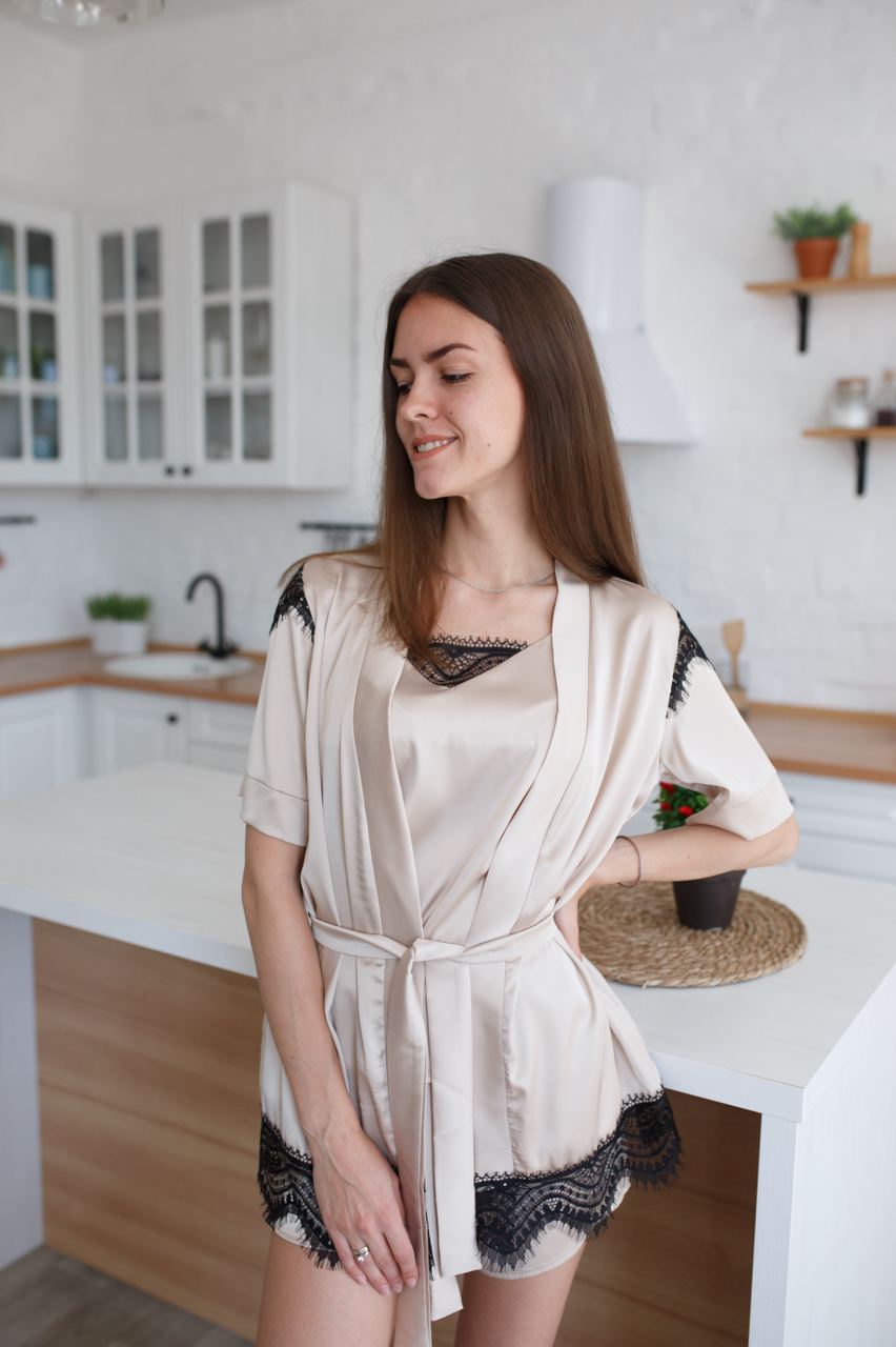 

Пижамный комплект кружевной шелк Shuna Comfort​​​​​​​ Шампань S/M/L 3 предмета