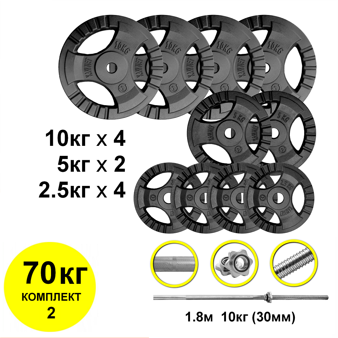 

Набор штанга 70кг с блинами Kaw-met гриф прямой 180см (комплект 2)