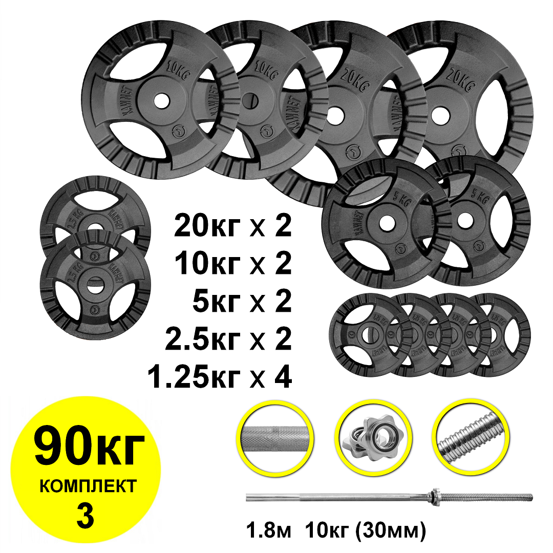 

Штанга с блинами 90кг Kaw-met гриф 1,8м прямой (комплект 3)