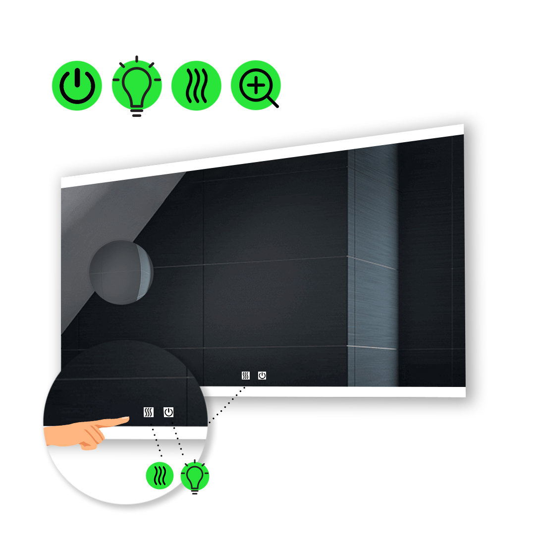 

LED-зеркало 80x60см, с двумя сенсорами, подогревом и линзой без подсветки, модель Ines
