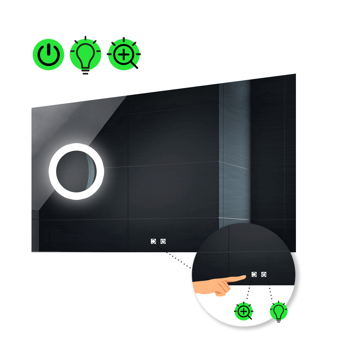 

LED-зеркало 100x80см, с двумя сенсорами и линзой с подсветкой, модель Lucia