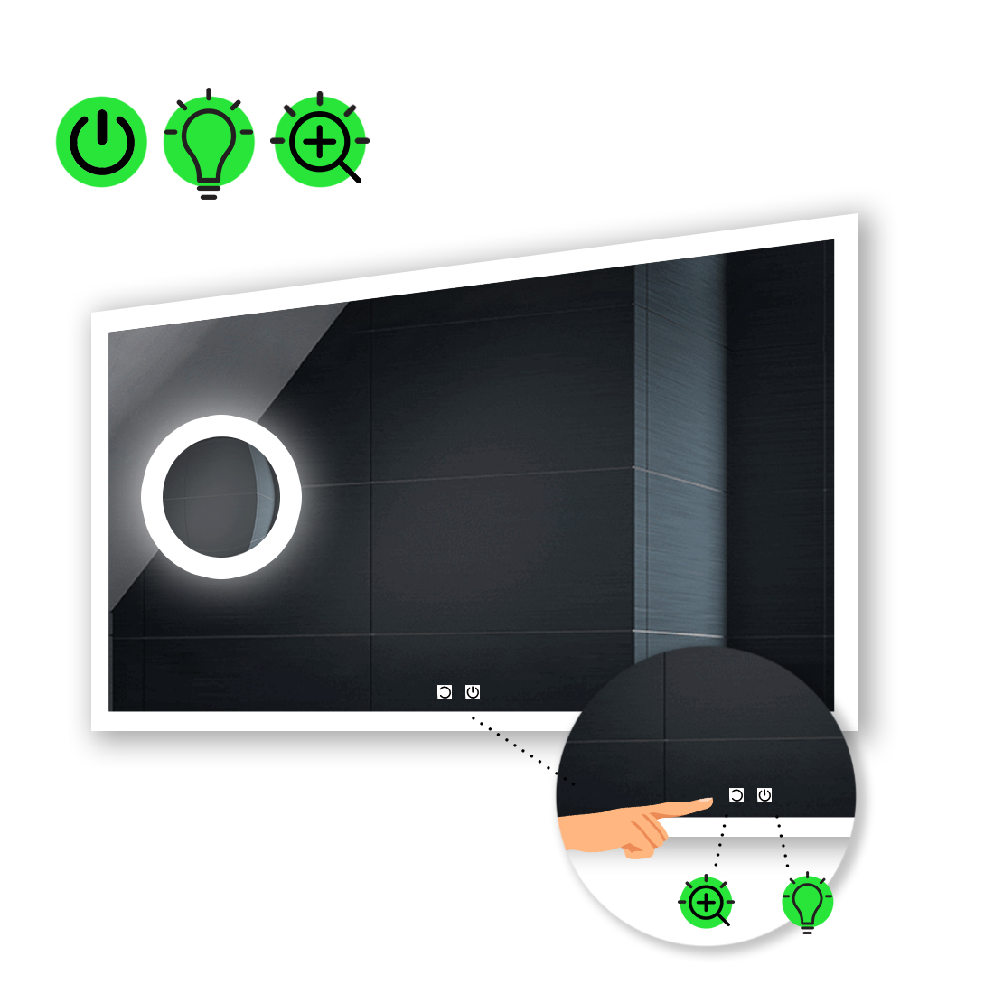 

LED-зеркало 80x60см, с двумя сенсорами и линзой с подсветкой, модель Simphony