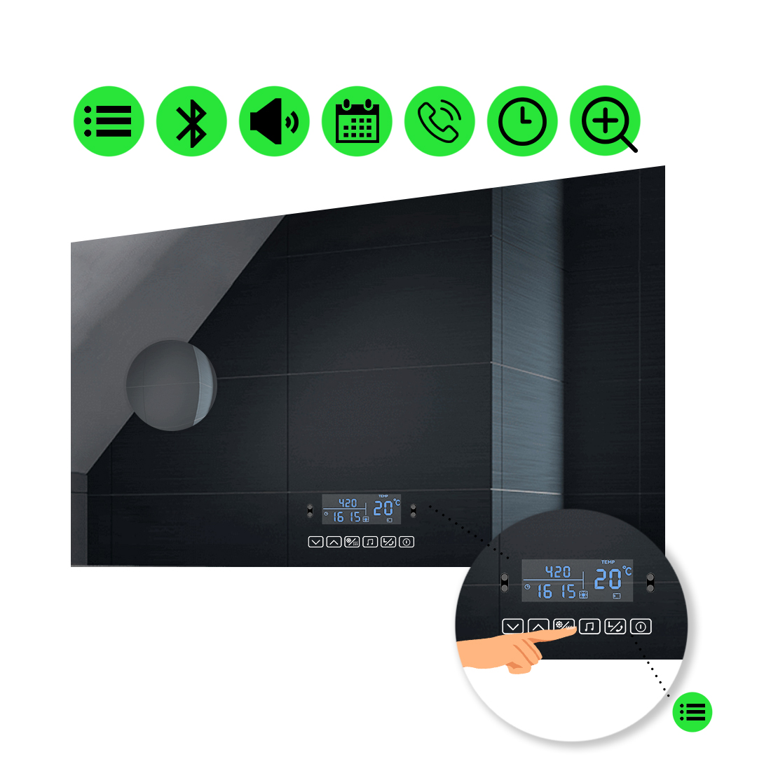 

LED-зеркало 100x90см, с Smart-блоком и линзой без подсветки, модель Lucia