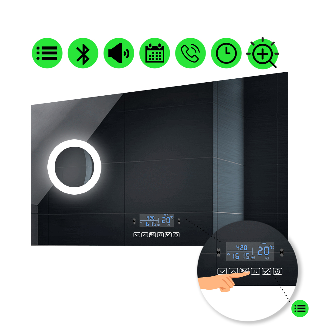 

LED-зеркало 100x80см, с Smart-блоком и линзой с подсветкой, модель Lucia