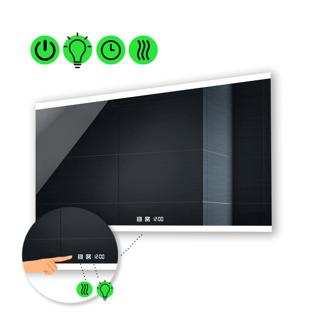 

LED-зеркало 90x70см, с двумя сенсорами, часами и подогревом, модель Ines