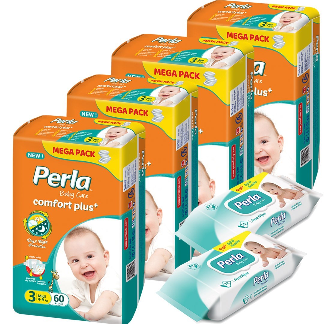 

Подгузники для детей Perla Comfort plus Midi размер 3 (4-9кг) 240шт + 2*72 шт влажных салфеток