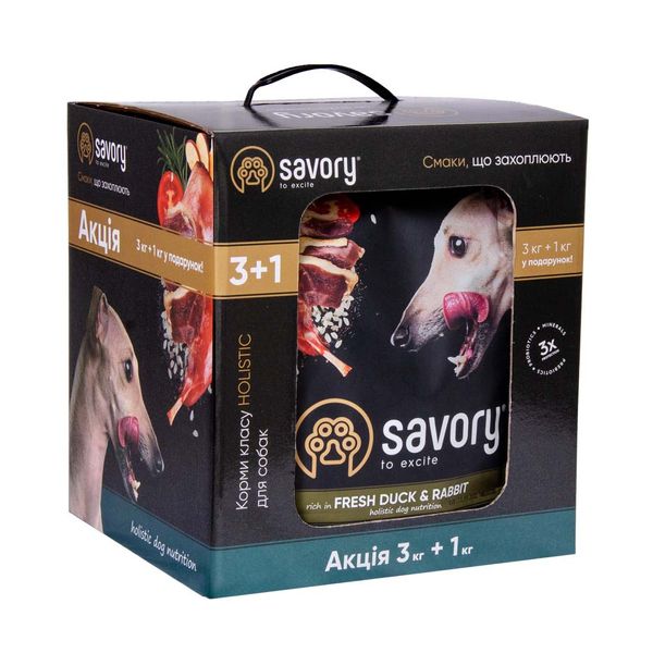 

Сухий корм Savory для собак усіх порід 3+1 кг (качка та кролик)
