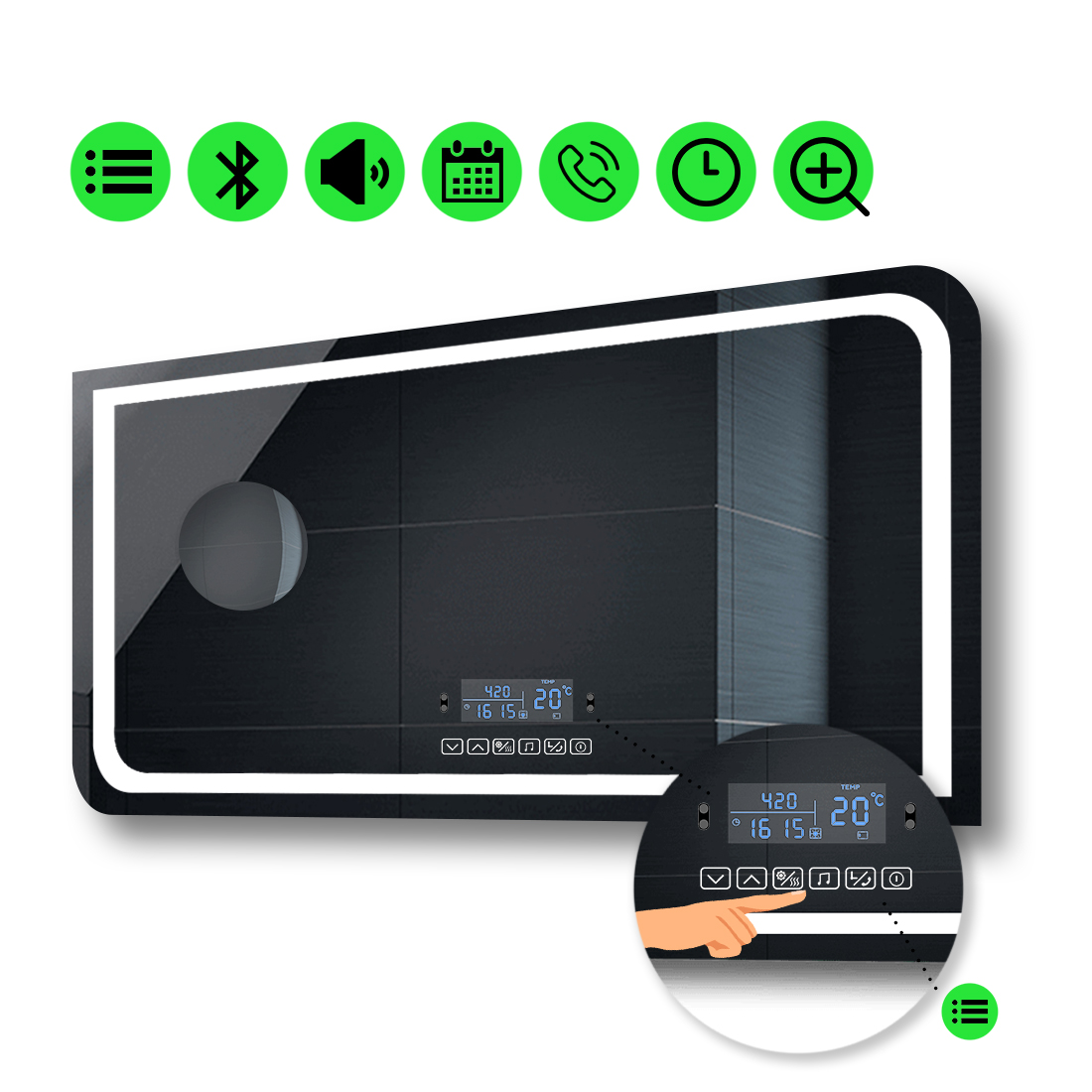 

LED-зеркало 120x100см, с Smart-блоком и линзой без подсветки, модель Noemi